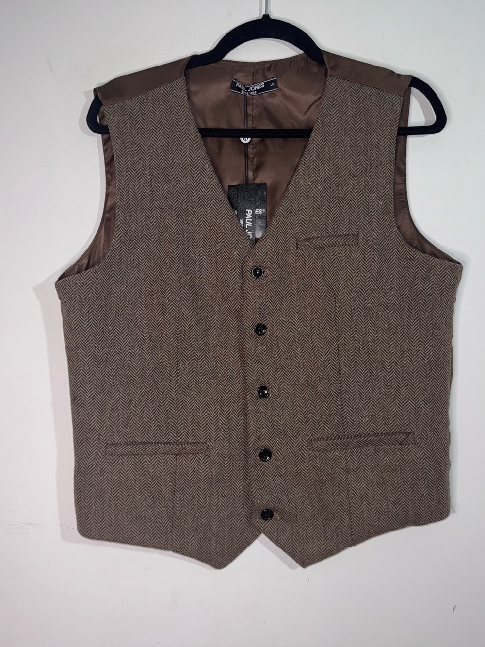 Paul Jones Men’s S Brown Herringbone Wool Blend Vest Waistcoat NWT